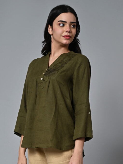 Women's Olive Linen Excel Regular Fit Blouse - Image 3