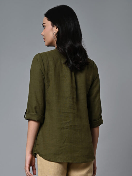 Women's Olive Linen Excel Regular Fit Blouse - Image 5