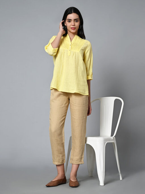 Women's Yellow Linen Excel Regular Fit Blouse