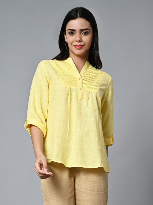 Women's Yellow Linen Excel Regular Fit Blouse - Image 2