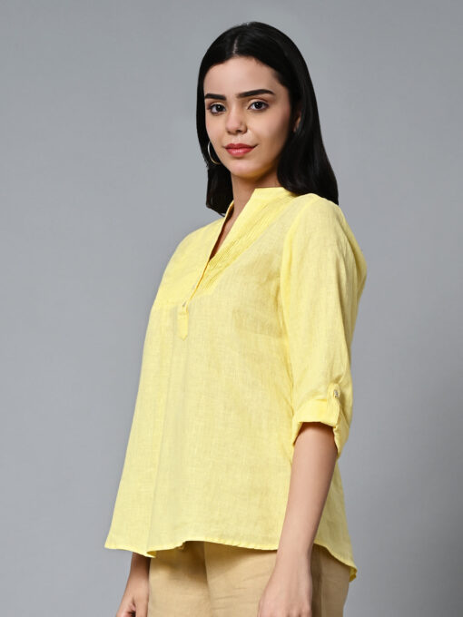 Women's Yellow Linen Excel Regular Fit Blouse - Image 3