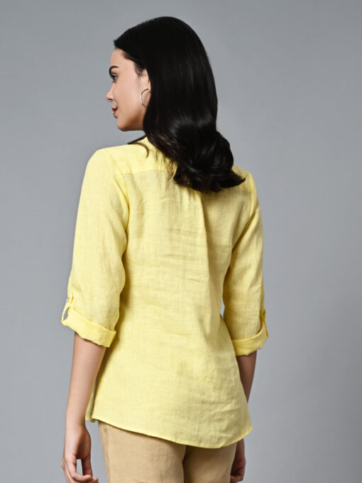 Women's Yellow Linen Excel Regular Fit Blouse - Image 5