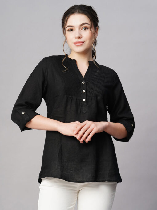 Women's Black Linen Regular Fit Blouse - Image 2