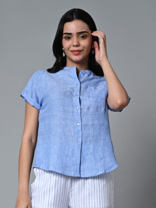 Women's Blue Linen Regular Fit Blouse - Image 2