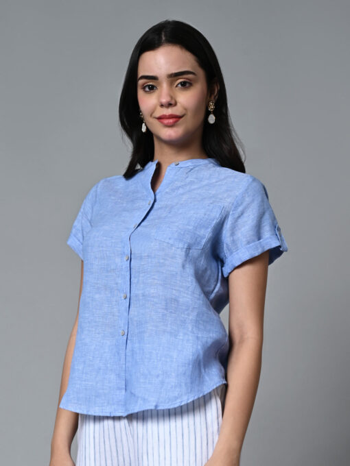 Women's Blue Linen Regular Fit Blouse - Image 3