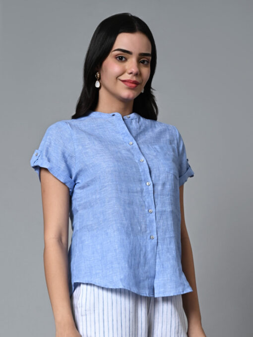 Women's Blue Linen Regular Fit Blouse - Image 4