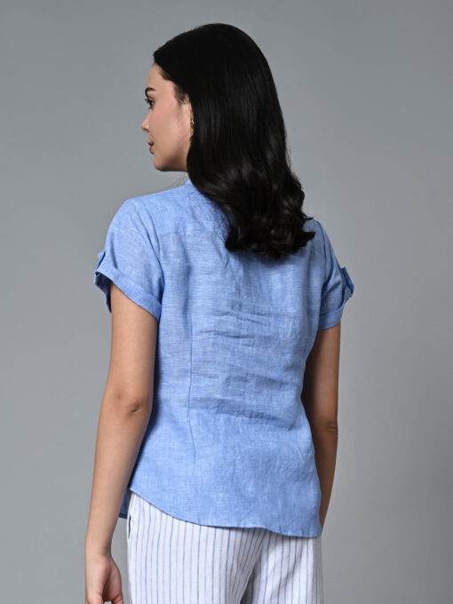 Women's Blue Linen Regular Fit Blouse - Image 5