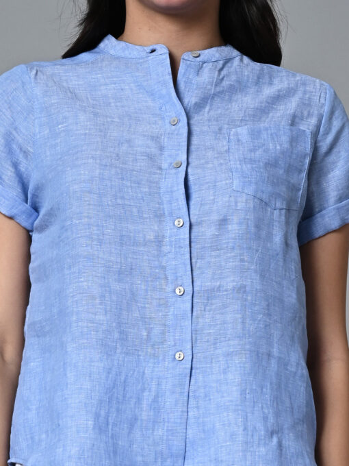 Women's Blue Linen Regular Fit Blouse - Image 6