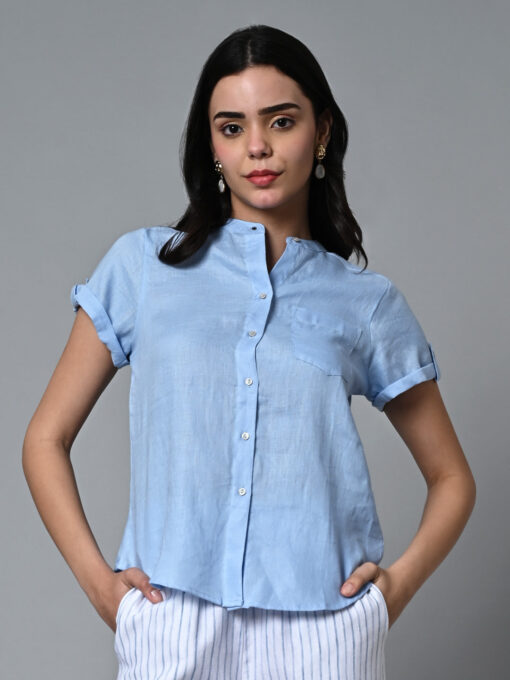 Women's Light Blue Linen Regular Fit Blouse - Image 2