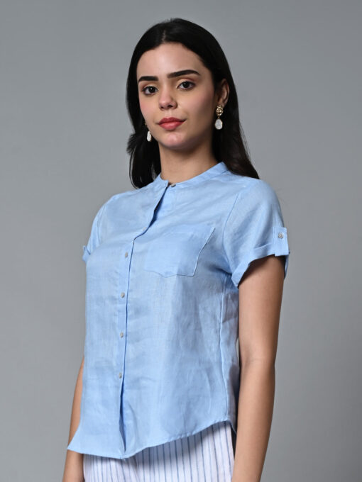 Women's Light Blue Linen Regular Fit Blouse - Image 3