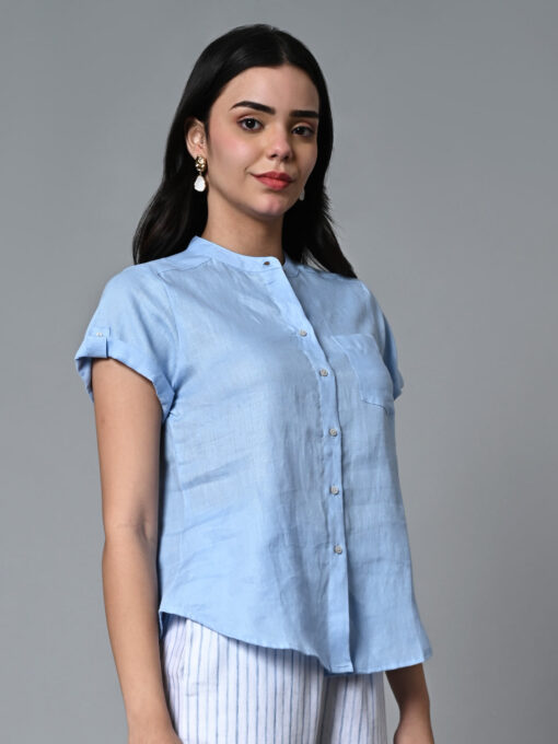 Women's Light Blue Linen Regular Fit Blouse - Image 4