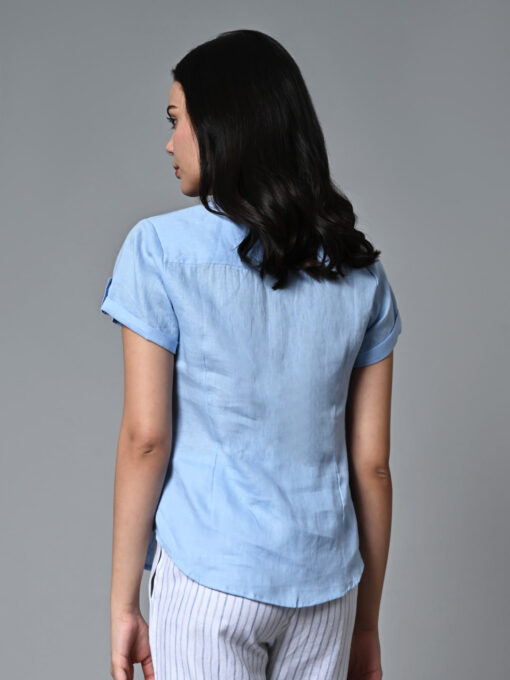 Women's Light Blue Linen Regular Fit Blouse - Image 5