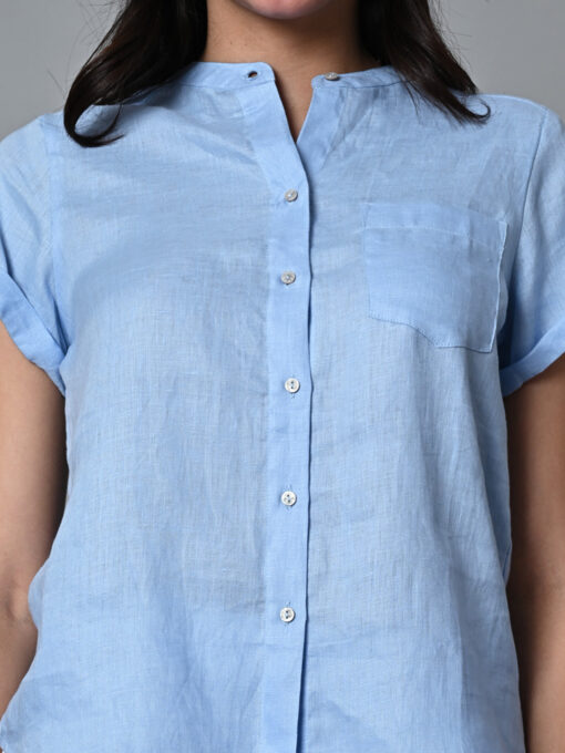 Women's Light Blue Linen Regular Fit Blouse - Image 6