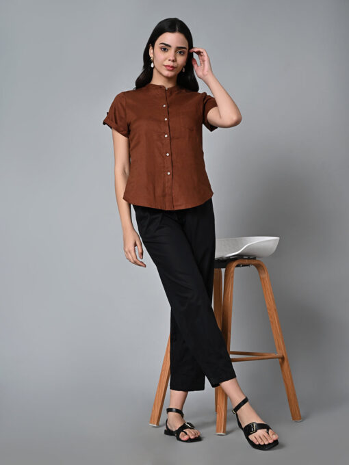 Women's Brown Linen Regular Fit Blouse