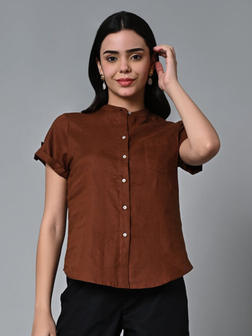 Women's Brown Linen Regular Fit Blouse - Image 2