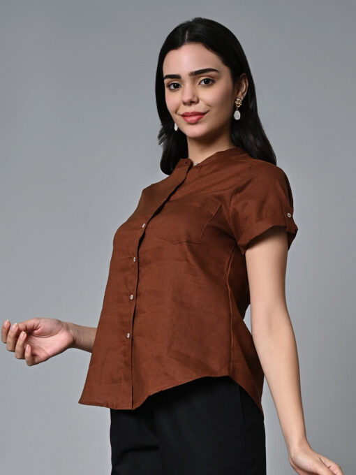 Women's Brown Linen Regular Fit Blouse - Image 3