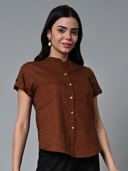 Women's Brown Linen Regular Fit Blouse - Image 4