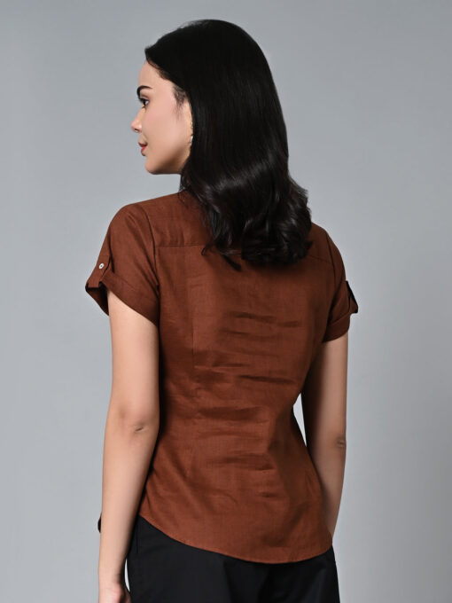 Women's Brown Linen Regular Fit Blouse - Image 5