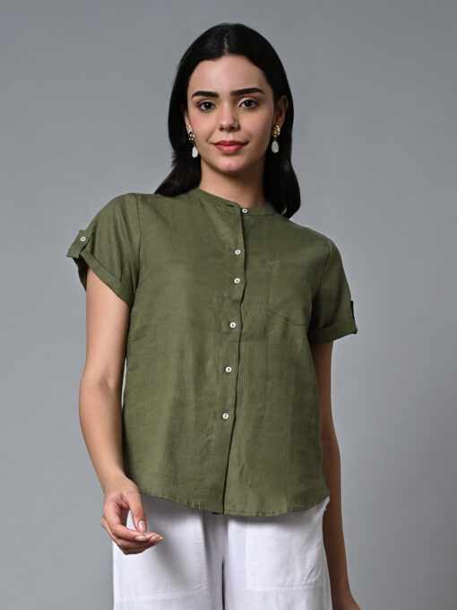 Women's Olive Linen Regular Fit Blouse - Image 2