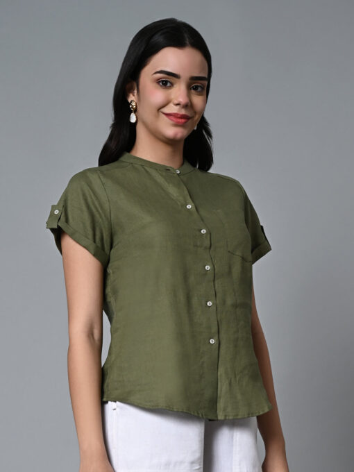 Women's Olive Linen Regular Fit Blouse - Image 3