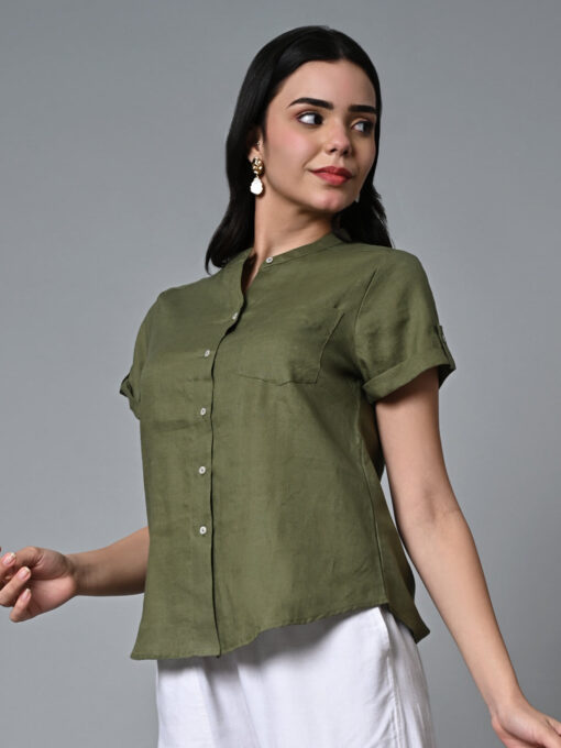 Women's Olive Linen Regular Fit Blouse - Image 4