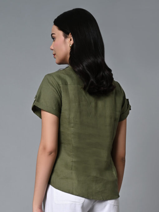 Women's Olive Linen Regular Fit Blouse - Image 5