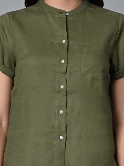 Women's Olive Linen Regular Fit Blouse - Image 6