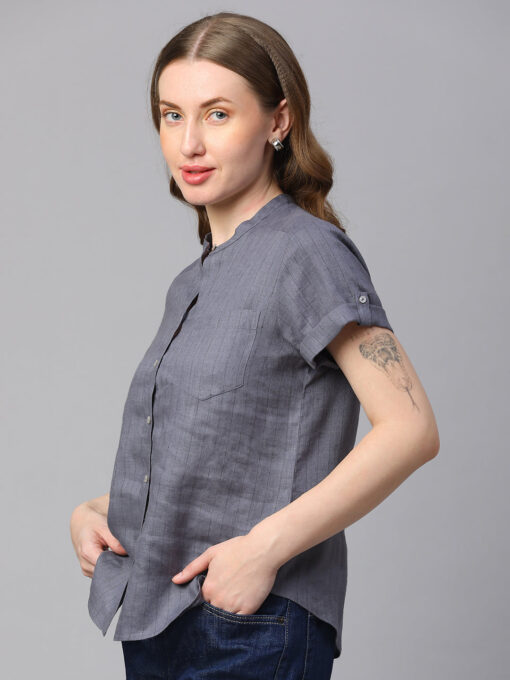 Women's Grey Linen Slim Fit Blouse - Image 3