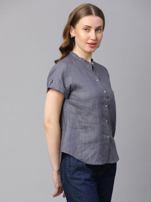 Women's Grey Linen Slim Fit Blouse - Image 4