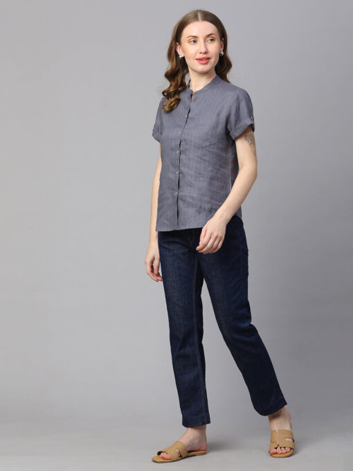 Women's Grey Linen Slim Fit Blouse