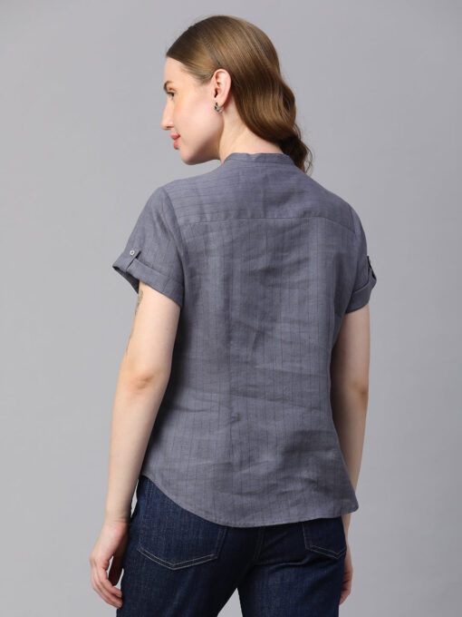 Women's Grey Linen Slim Fit Blouse - Image 5