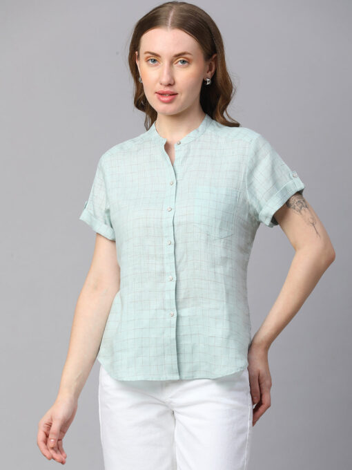 Women's Blue Linen Slim Fit Blouse - Image 2