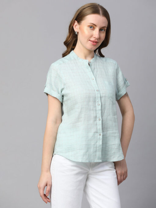 Women's Blue Linen Slim Fit Blouse - Image 4