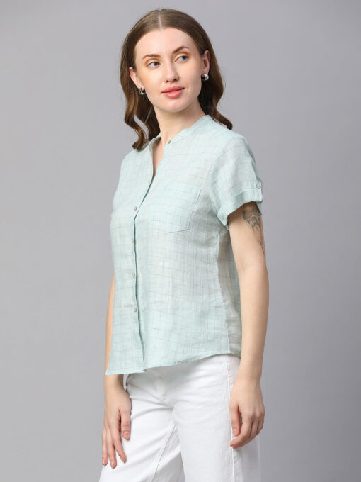 Women's Blue Linen Slim Fit Blouse - Image 3