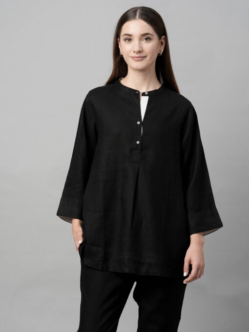 Women's Black Linen Regular Fit Blouse - Image 2