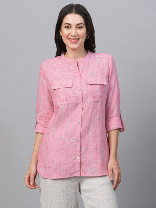 Women's Pink Linen Excel Regular Fit Blouse - Image 2