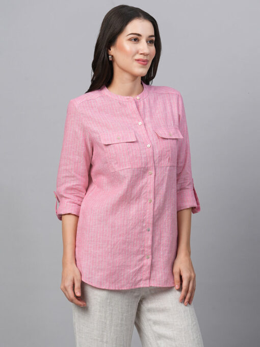 Women's Pink Linen Excel Regular Fit Blouse - Image 4