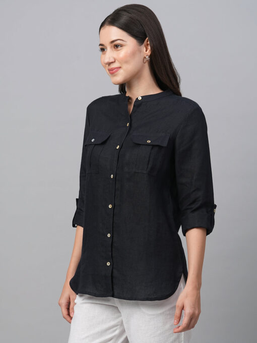 Women's Dark Blue Linen Regular Fit Blouse - Image 3