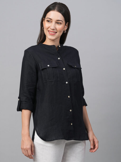 Women's Dark Blue Linen Regular Fit Blouse - Image 4