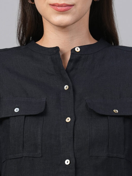 Women's Dark Blue Linen Regular Fit Blouse - Image 6