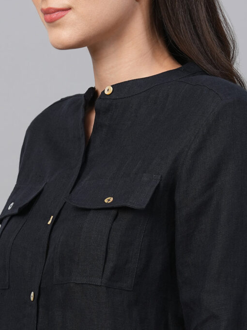 Women's Dark Blue Linen Regular Fit Blouse - Image 7