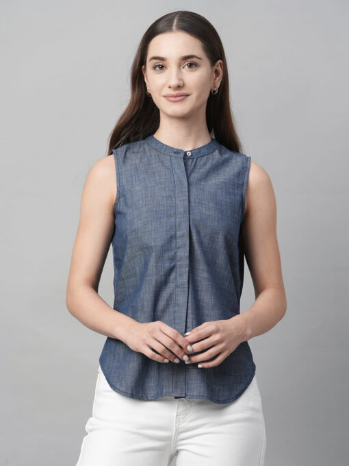 Women's Blue Cotton Regular Fit Blouse - Image 2