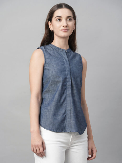 Women's Blue Cotton Regular Fit Blouse - Image 3