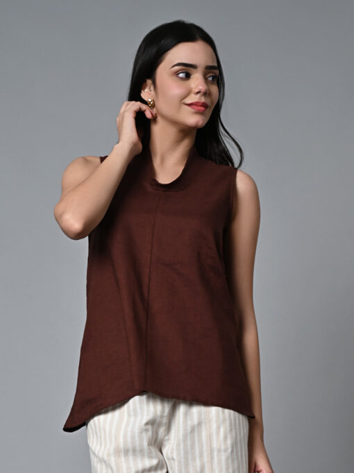 Women's Brown Linen Regular Fit Blouse - Image 2