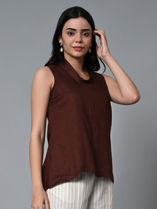 Women's Brown Linen Regular Fit Blouse - Image 4