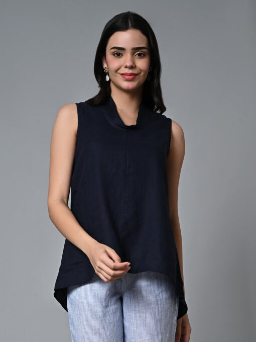 Women's Navy Linen Regular Fit Blouse - Image 2