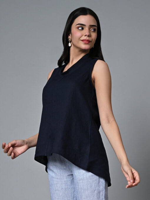 Women's Navy Linen Regular Fit Blouse - Image 3