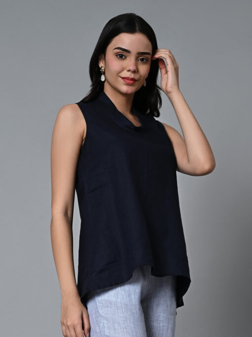 Women's Navy Linen Regular Fit Blouse - Image 4