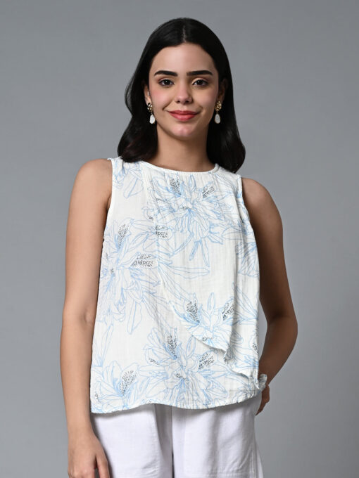 Women's Blue Cotton Regular Fit Blouse - Image 2