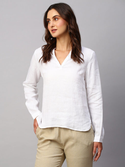 Women's White Cotton Linen Regular Fit Blouse - Image 4